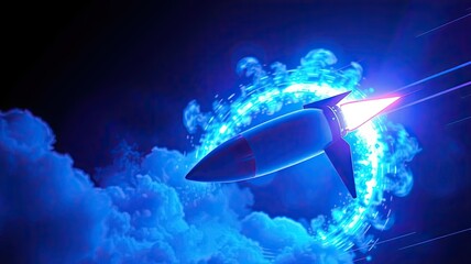 Futuristic Rocket Launch Blue Nebula Space Travel Cosmic Flight