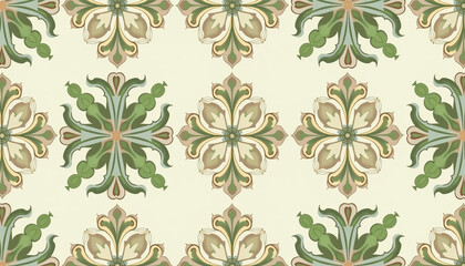 Elegant vintage floral ornament in pastel green and beige hues with seamless texture