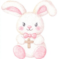 Obraz premium Cute Watercolor Bunny with Pink Ears and Bow Tie Holding a Wooden Cross for Easter Celebration