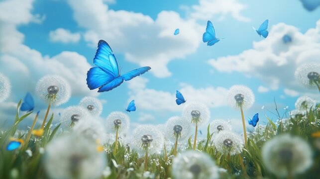 Fototapeta Blue butterflies flitting amongst fluffy dandelions in a sunny meadow