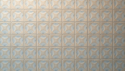 Textured wall with symmetrical tiles in soft cream and blue tones, elegant pattern