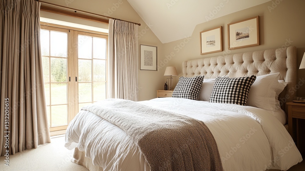 Aufkleber this inviting bedroom showcases elegant oat curtains that gently frame the windows, enhancing the wa