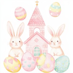 Obraz premium Cute watercolor bunnies and pastel Easter eggs with a charming church in a festive scene