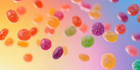 Floating sugar-free candy with fruity flavors on a gradient sunset background