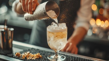 Obraz premium Bartender Pours Cocktail Freshly Made with Ice at Bar, Beverage for Celebration