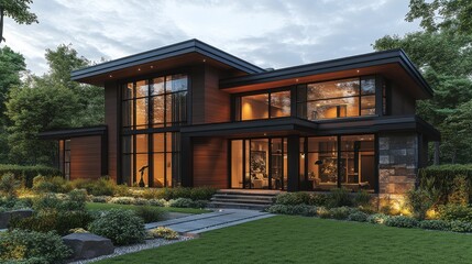 Modern two story house surrounded by trees and lush green landscaping