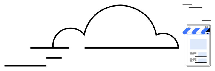 Black outlined cloud with motion lines next to a mobile storefront interface. Ideal for ecommerce, digital connectivity, cloud computing, online business, web storage, technology workflow, flat