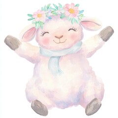 Fototapeta premium Cute and Cheerful Cartoon Sheep with Flower Crown and Scarf in Pastel Colors