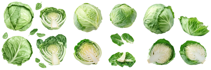 Cabbage on transparent  background. Whole, half, slice, cabbage set.