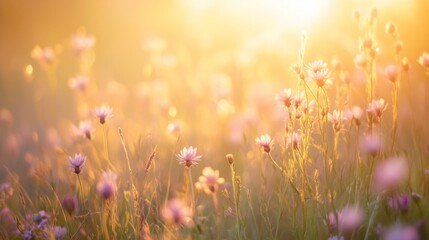 Fototapeta premium Wild flowers in a meadow, soft pastel colors, golden sunlight generative ai