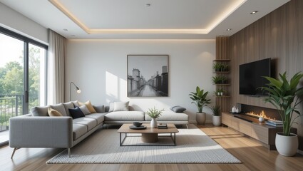 Fototapeta premium Stylish Modern Living Room with Minimalist Design and Natural Light Featuring Cozy Furniture