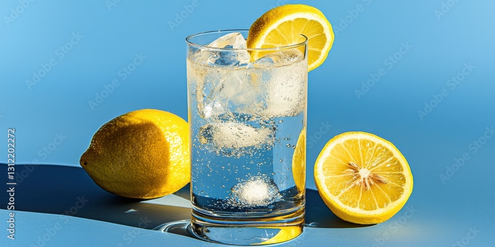 Poster refreshing sparkling lemonade with ice and citrus on a blue background