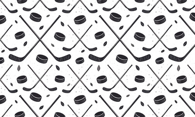 Seamless Hockey Pattern with Sticks and Pucks – Black and White Sports Design Background
