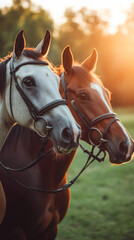 Obraz premium Horses nuzzling, bridled, standing side by side in golden sunset-lit grassland, sharing quiet companionship