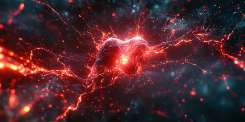 Dynamic energy patterns intertwine in a vibrant display of red and blue light against a dark background