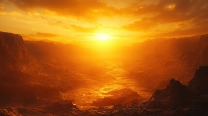 Golden Hour Sunset Over a Mountainous Landscape