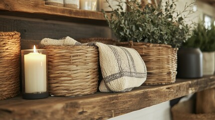 Rustic Shelving Display with Baskets and Blankets