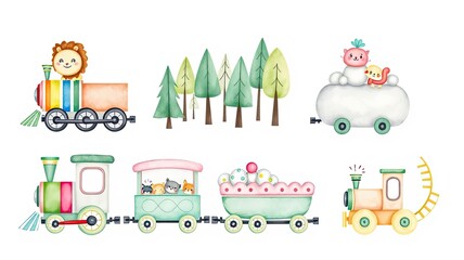 Fototapeta premium Adorable Watercolor Animal Train Illustration Kids Toy Cartoon Cute