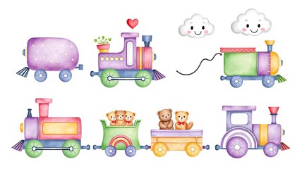 Cute Watercolor Trains with Teddy Bears Clouds Childish Design Nursery Decor