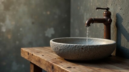 Rustic Water Feature A Textured Stone Vessel Sink with an Antique-Style Faucet, Water Gently Flowing into the Basin on a Weathered Wooden Surface