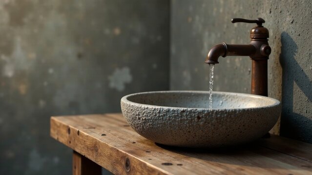 Rustic Water Feature A Textured Stone Vessel Sink with an Antique-Style Faucet, Water Gently Flowing into the Basin on a Weathered Wooden Surface