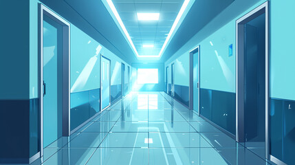 Obraz premium Cool-toned hallway in anime style with a light blue cartoon background. Empty shadow blue wall.