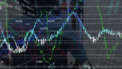 In office, animation of financial data graphs overlaying people walking in corridor