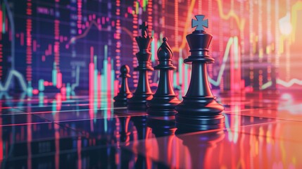 chess pieces symbolizing strategy, including a king and queen on a polished board, set against a vibrant market growth chart background with rising li