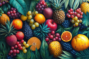 Vibrant painting featuring colorful fruit and leaves on a rustic wooden table, a burst of nature's beauty captured in acrylic.