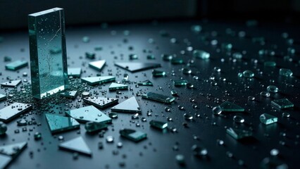 A Single Upright Shard Amidst Scattered Fragments of Glass, Wet and Dark