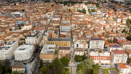 Obraz premium Aerial view of houses, buildings and apartments in the historic center of L'Aquila, Abruzzo, Italy.