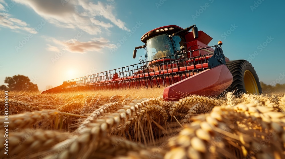 Poster red tractor is in a field of wheat. the sun is setting in the background