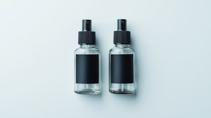 Naklejka premium Two clear glass spray bottles with black labels (1)