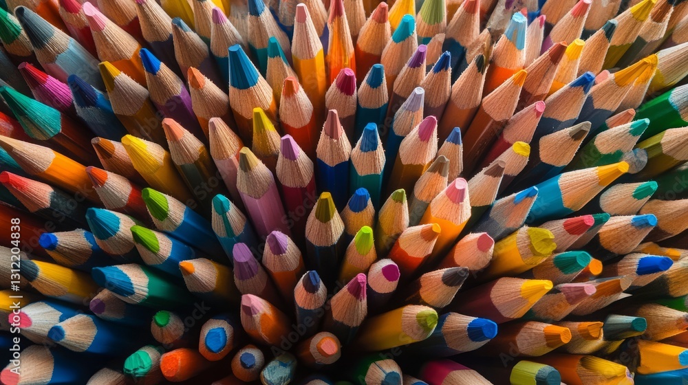 Poster close-up of colorful pencils arranged in a circular pattern, showcasing a vibrant spectrum for art a