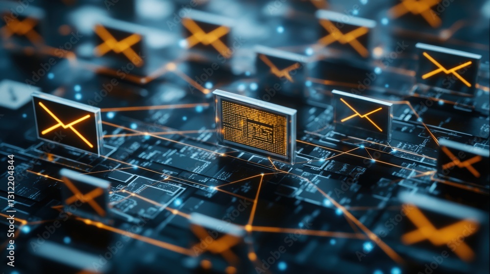 Poster close-up image of a computer chip highlighting intricate details and connections in modern electroni