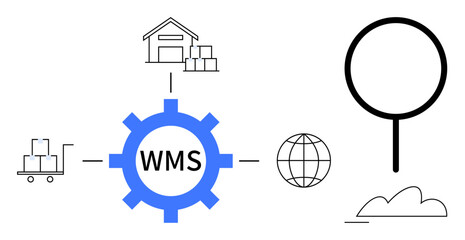 Gear with WMS text linked to a warehouse, trolley, globe, magnifying glass, and cloud. Ideal for supply chain, logistics, storage management, data tracking global trade inventory control flat