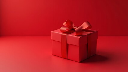 Obraz premium A crimson present box adorned with a vibrant red ribbon, perfectly positioned against a matching backdrop.