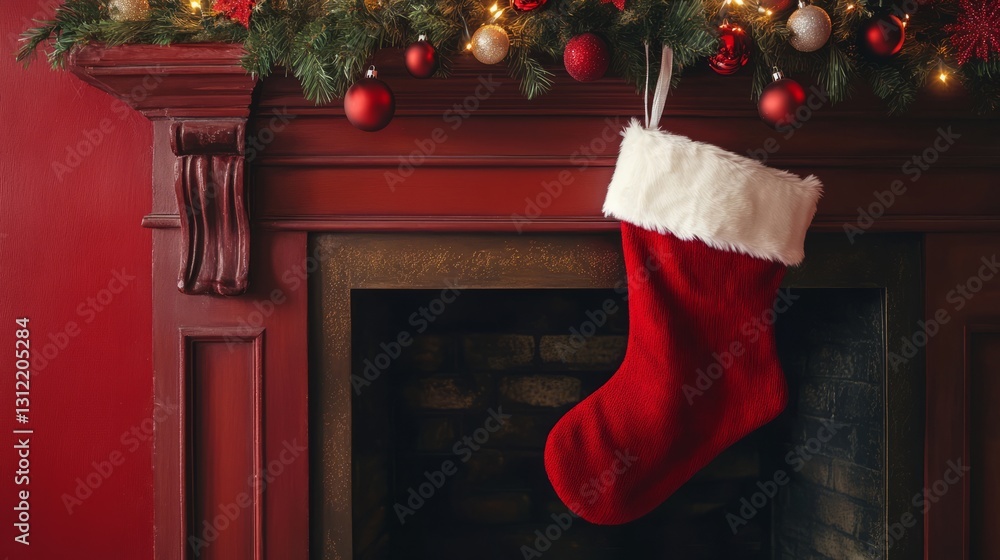 Poster red stocking sits in front of a fireplace. the red color of the stocking and the red fireplace creat