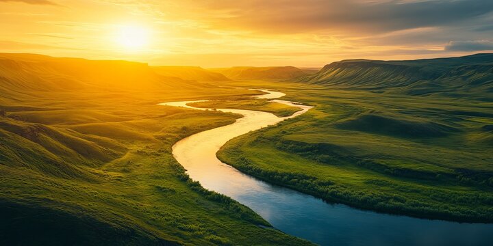 A tranquil sunset scene featuring a winding river through a lush green valley, surrounded by rolling hills under a golden sky.