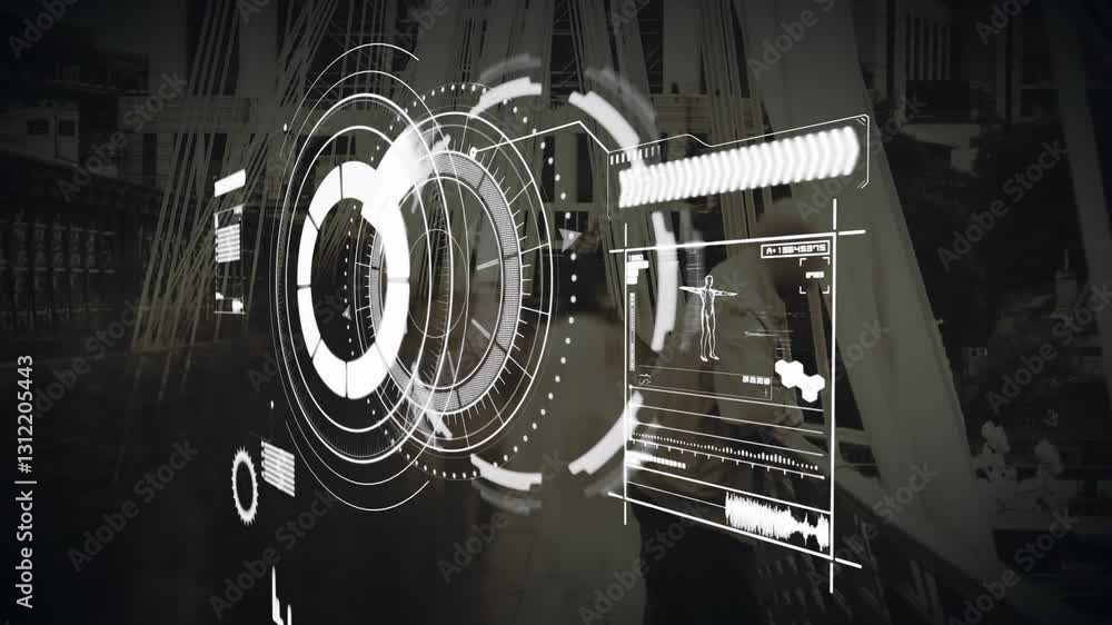 Poster digital interface animation overlaying urban bridge in futuristic city setting