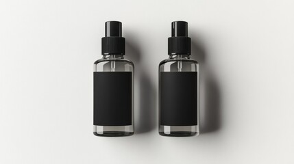 Naklejka premium Two clear glass spray bottles with black labels (1)