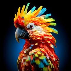 Obraz premium An artistic and colorful representation of a vibrant parrot with a striking plumage against a black backdrop.