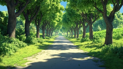 The winding path through the green trees under the blue sky