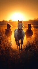 Horses galloping at sunset through a dusty field with golden light illuminating the scene