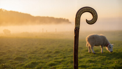 Rustic shepherd's staff in misty Irish landscape at dawn, rural charm