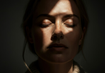 Woman’s face illuminated by dramatic window light casting artistic shadows.