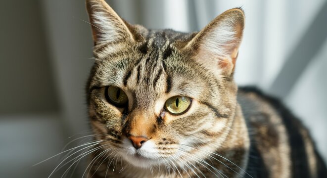 Close-up of a tabby cat with striking yellow eyes in natural light