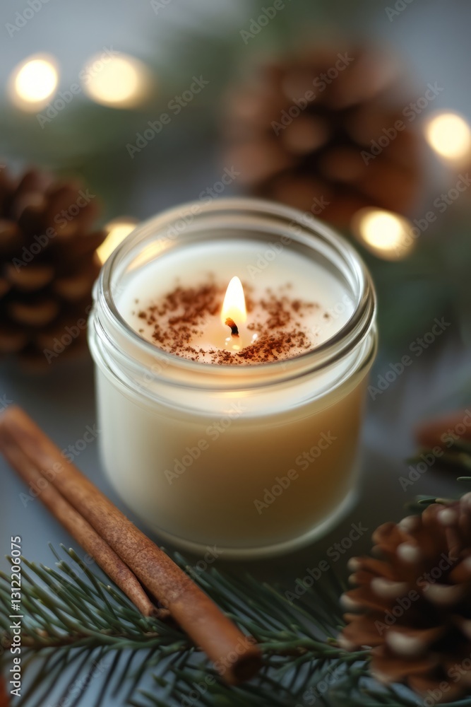 Aufkleber candle is lit in a jar with cinnamon on top. the jar is on a table with pine cones in the background