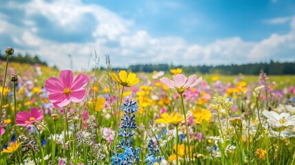 Vibrant wildflowers bloom in a meadow under a partly cloudy sky