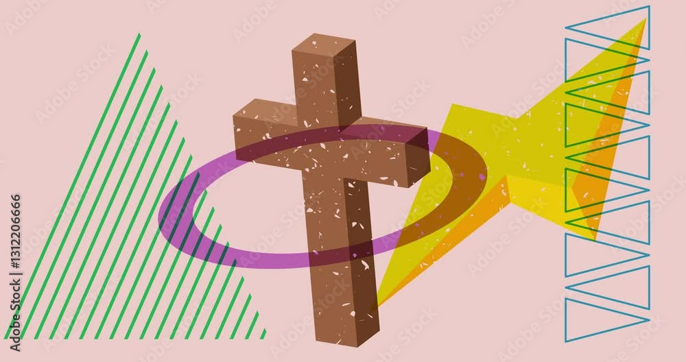 Aufkleber risograph religious cross with geometric shapes animation. moving object in trendy riso graph design
